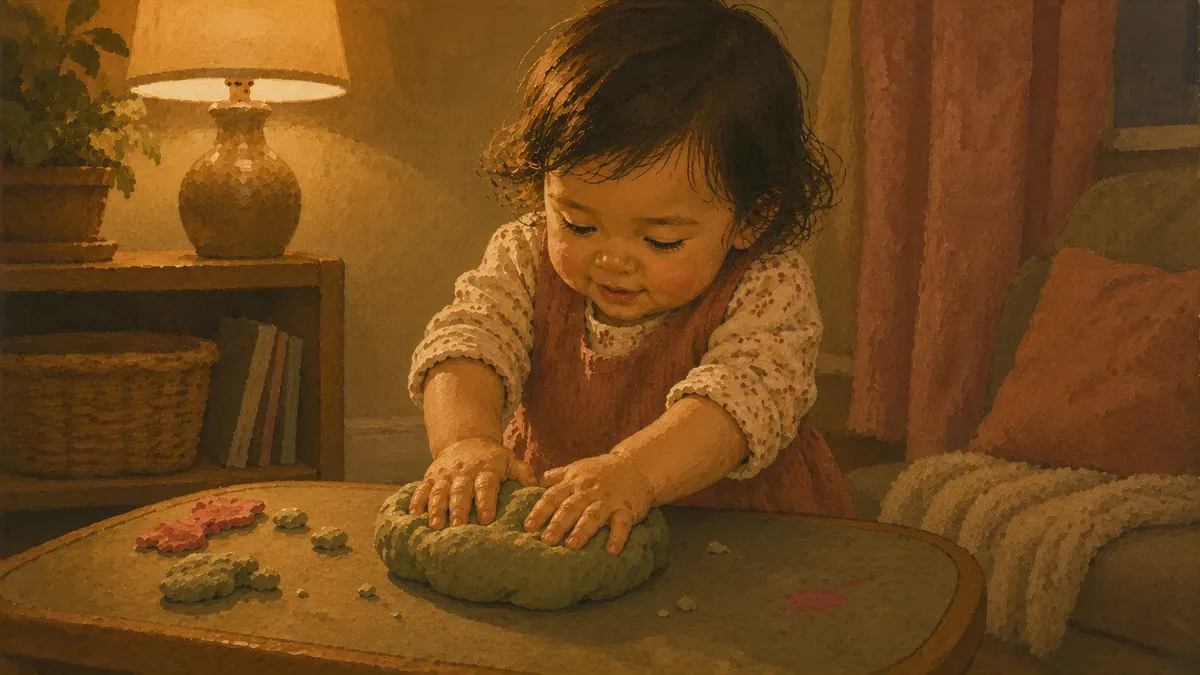 Toddler around two years old squishing a ball of Play-Doh at a table