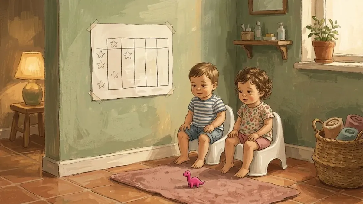 Toddler boy and girl sitting on potty chairs side by side showing readiness