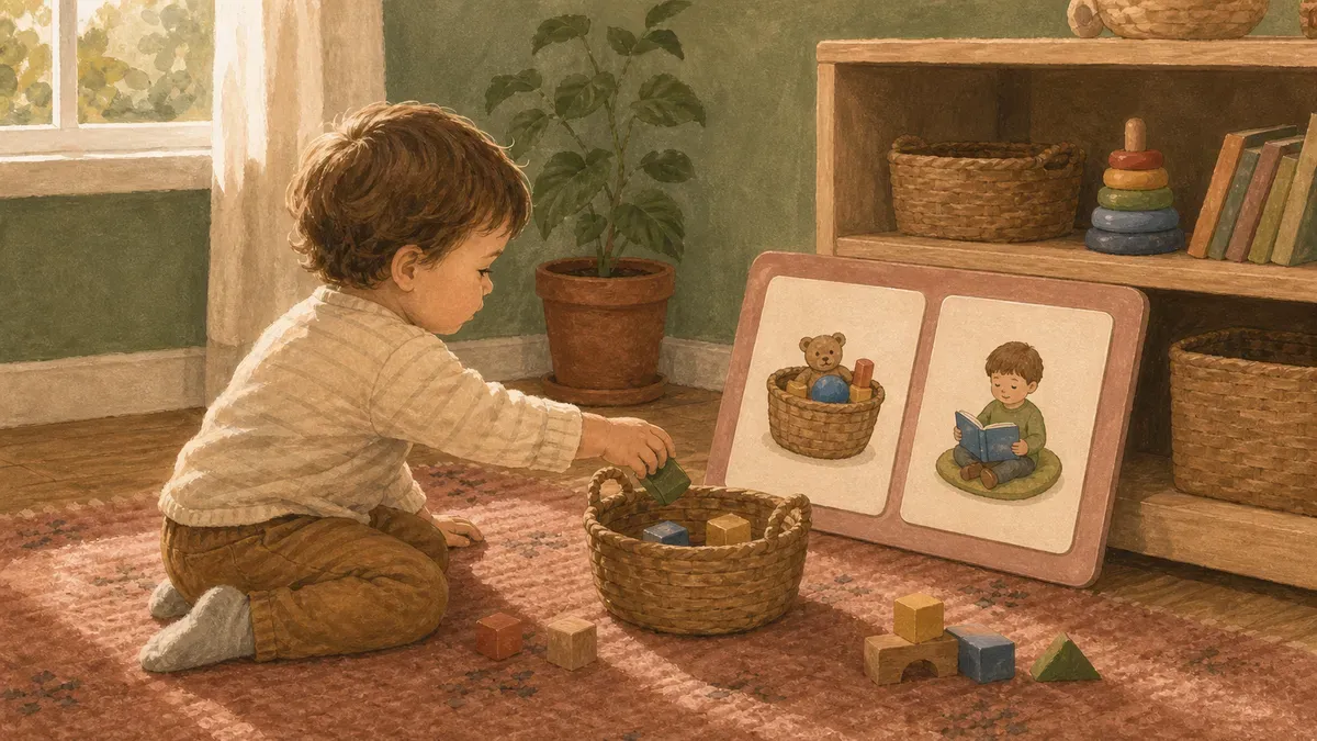 Toddler calmly completing a task next to a simple two-card first then board
