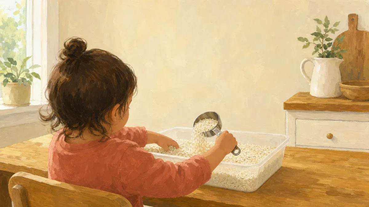 Toddler calmly scooping rice in a plastic bin at the kitchen table