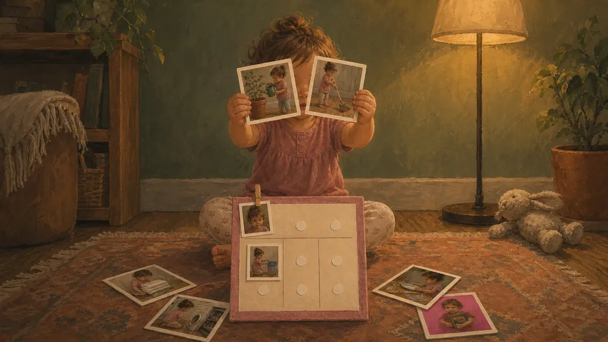 Toddler choosing photo task cards to stick onto a personalized chore board