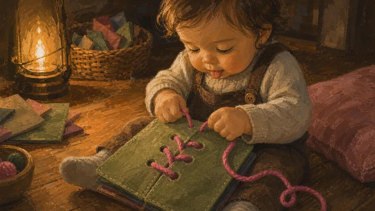 Toddler concentrating while threading laces on a felt busy book page