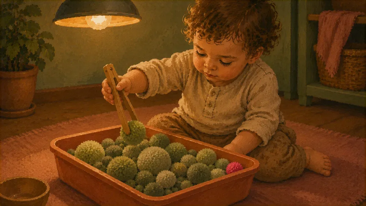Toddler concentrating while using tongs to pick up pom poms from a sensory bin