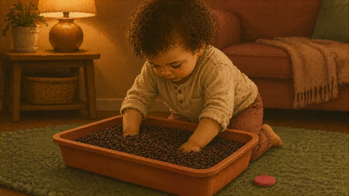 Toddler digging both hands deep into a bin of dried beans, focused and calm
