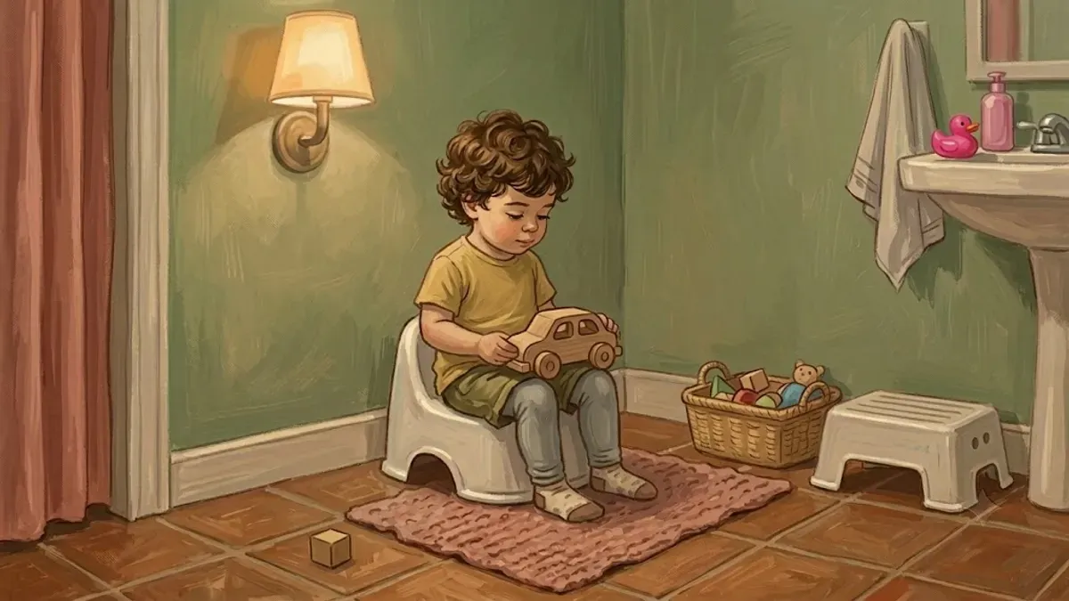 Toddler distracted by a toy while sitting on a small potty in a bright bathroom