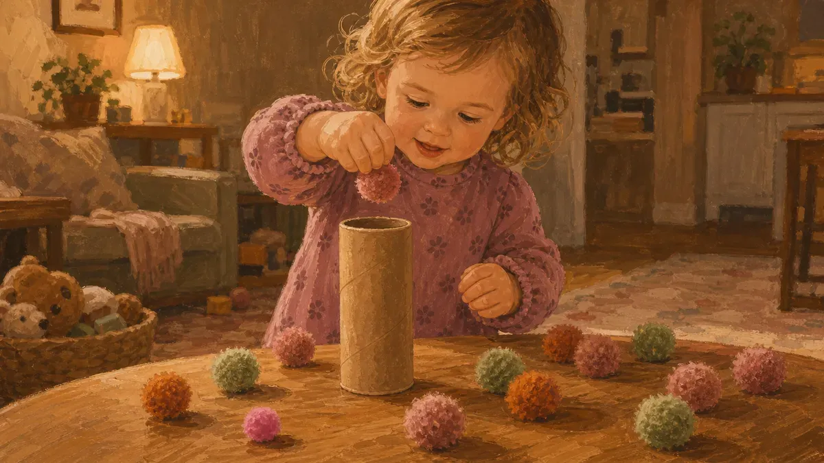 Toddler dropping pom poms into a cardboard tube