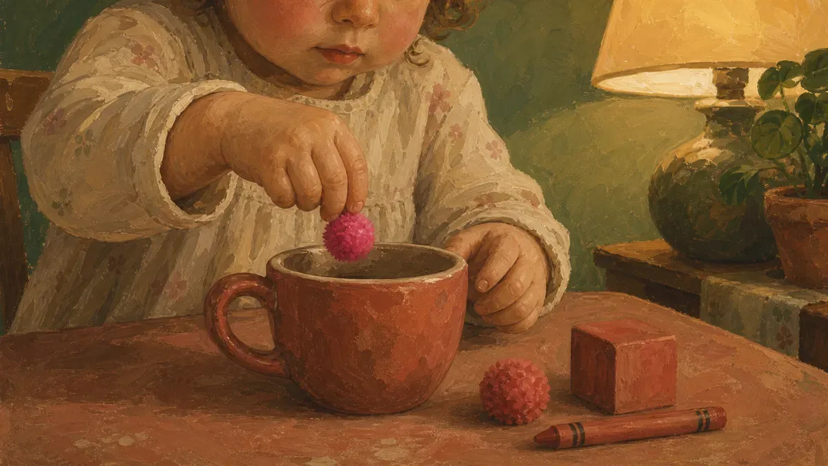 Toddler dropping red pom poms into a red cup at a kitchen table