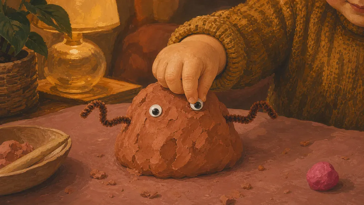 Toddler hand poking googly eyes into a playdough monster with pipe cleaner arms