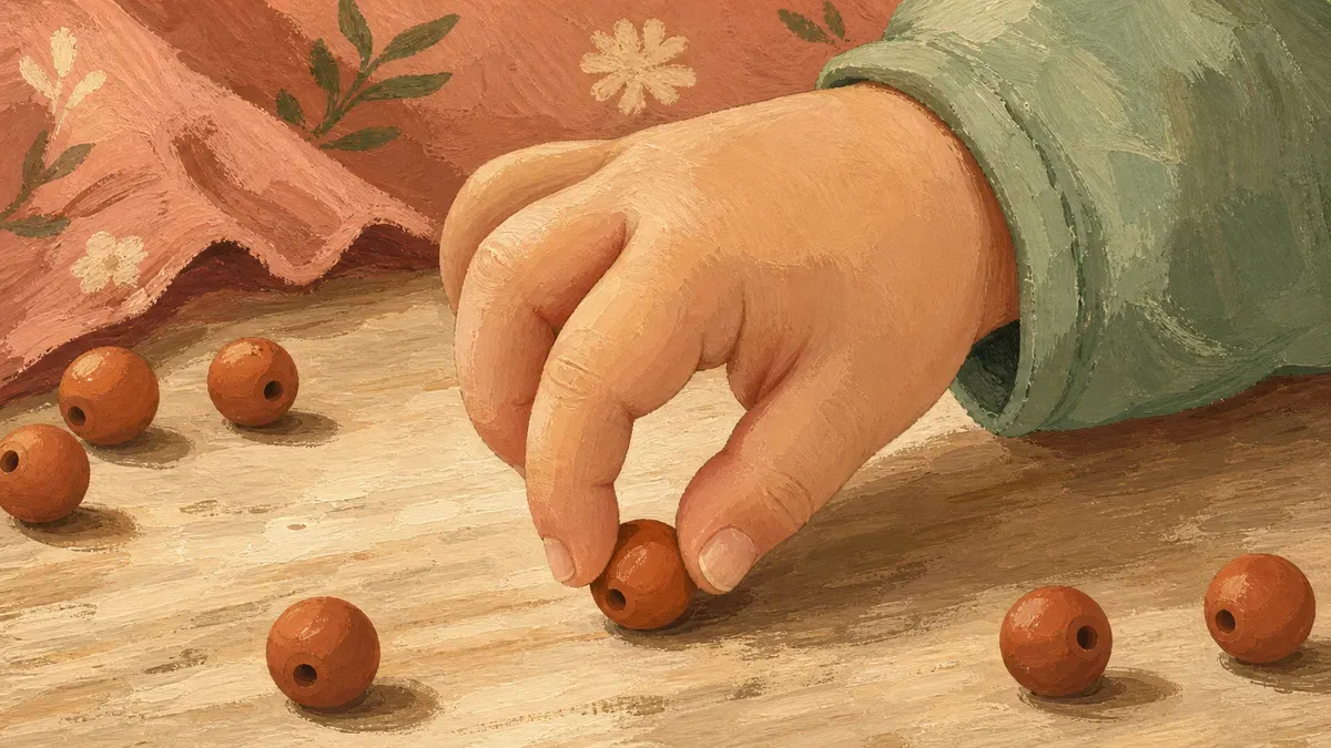 Toddler hand using a pincer grasp to pick up a small bead