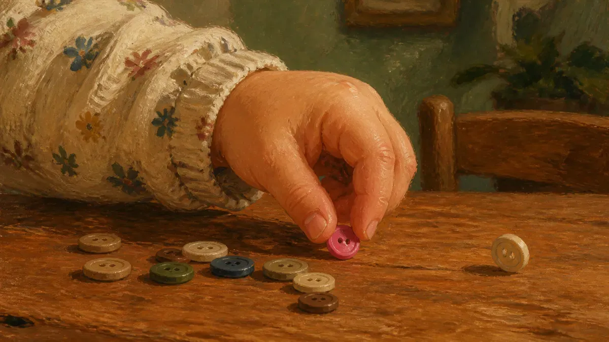 Toddler hand using a pincer grasp to pick up a small button from a table