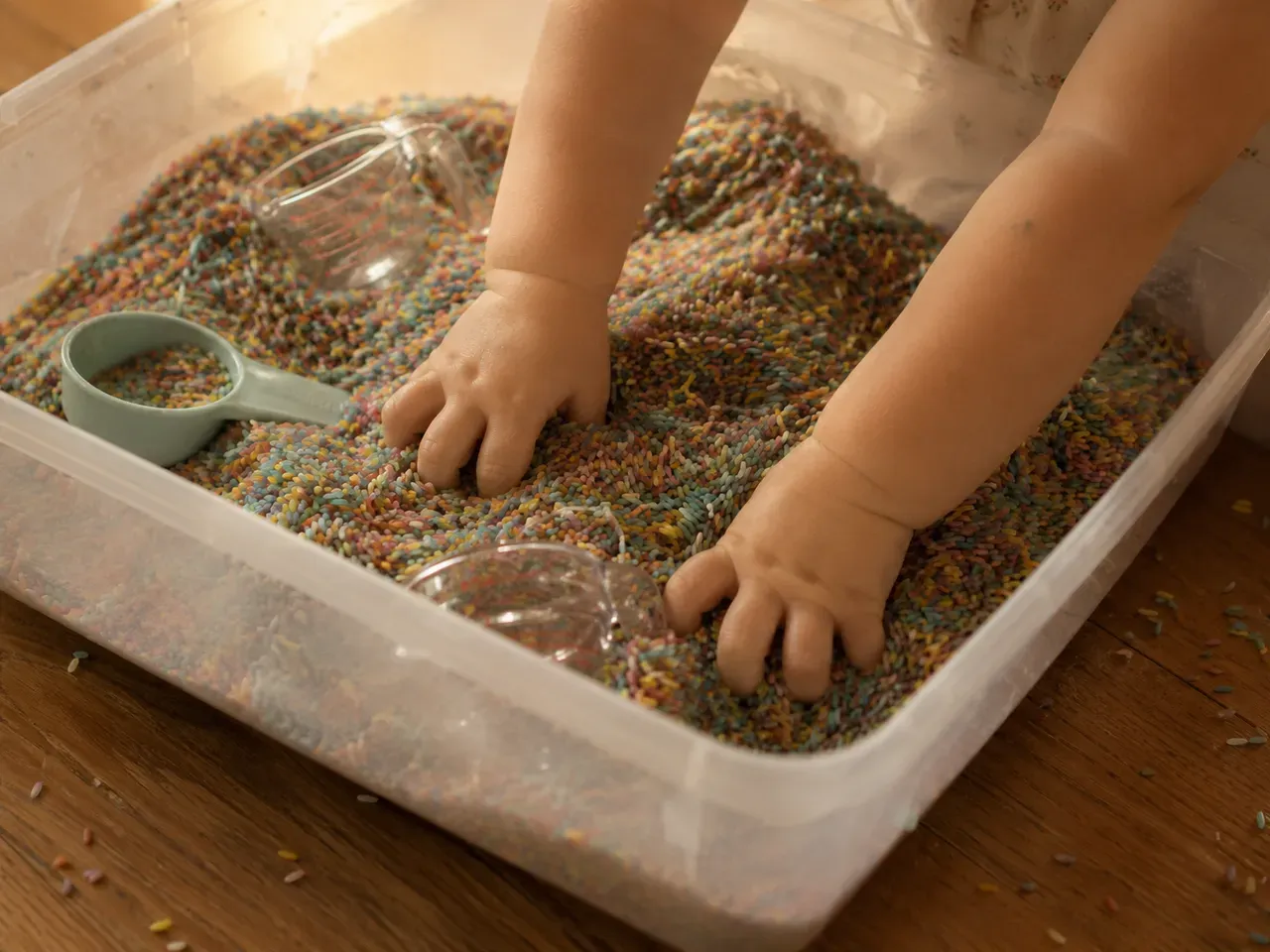A toddler's hands digging into a worn storage bin of dyed rainbow rice, measuring cups half-buried, warm afternoon light