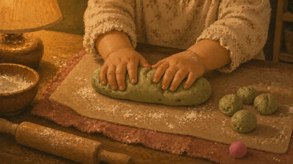 Toddler hands rolling and pinching playdough into small balls
