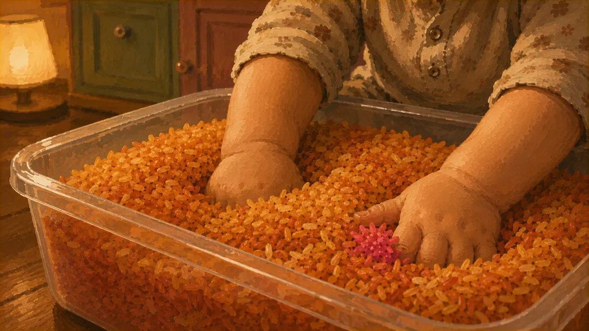 Toddler hands scooping colored rice from a clear plastic bin on a kitchen floor