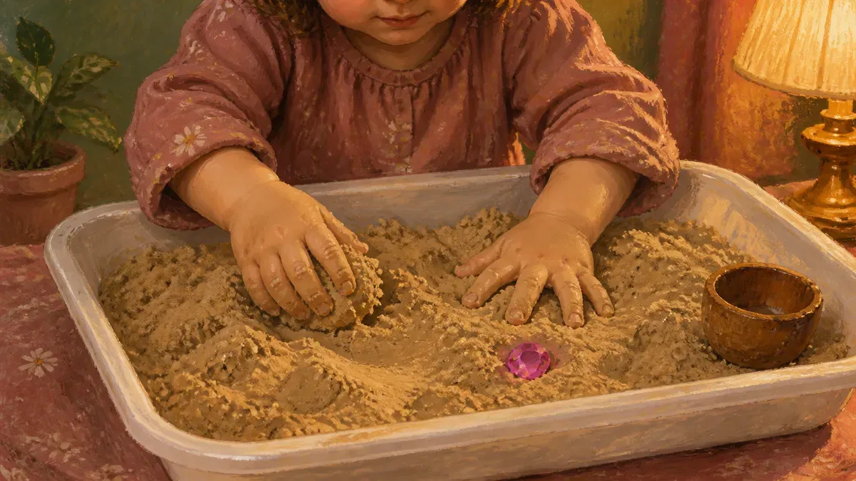 Toddler hands scooping kinetic sand in a shallow sensory bin