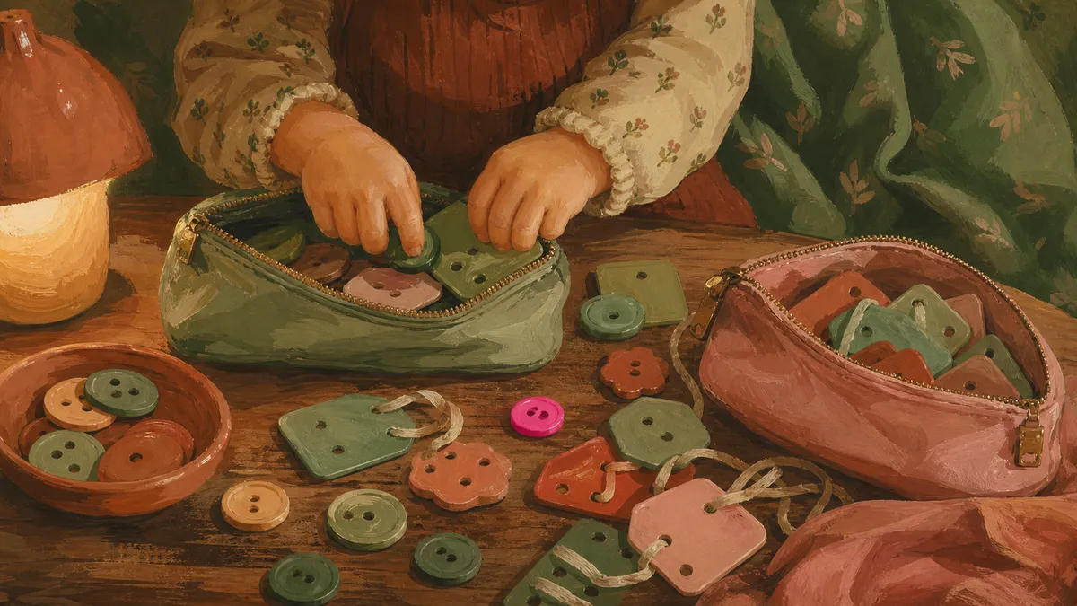 Toddler hands sorting colorful buttons and lacing cards spread across a wooden table, with a small zip bag of fine motor toys nearby.