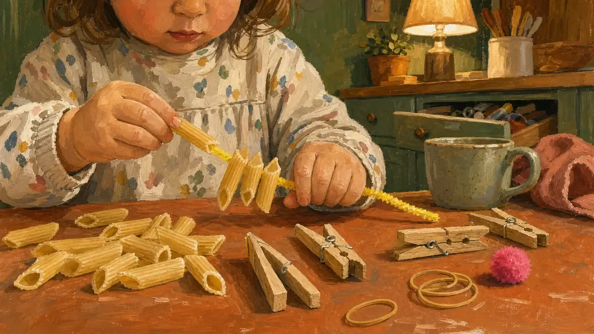 Toddler hands threading dried pasta onto a pipe cleaner on a wood kitchen table, surrounded by everyday junk-drawer items like clothespins and rubber bands.