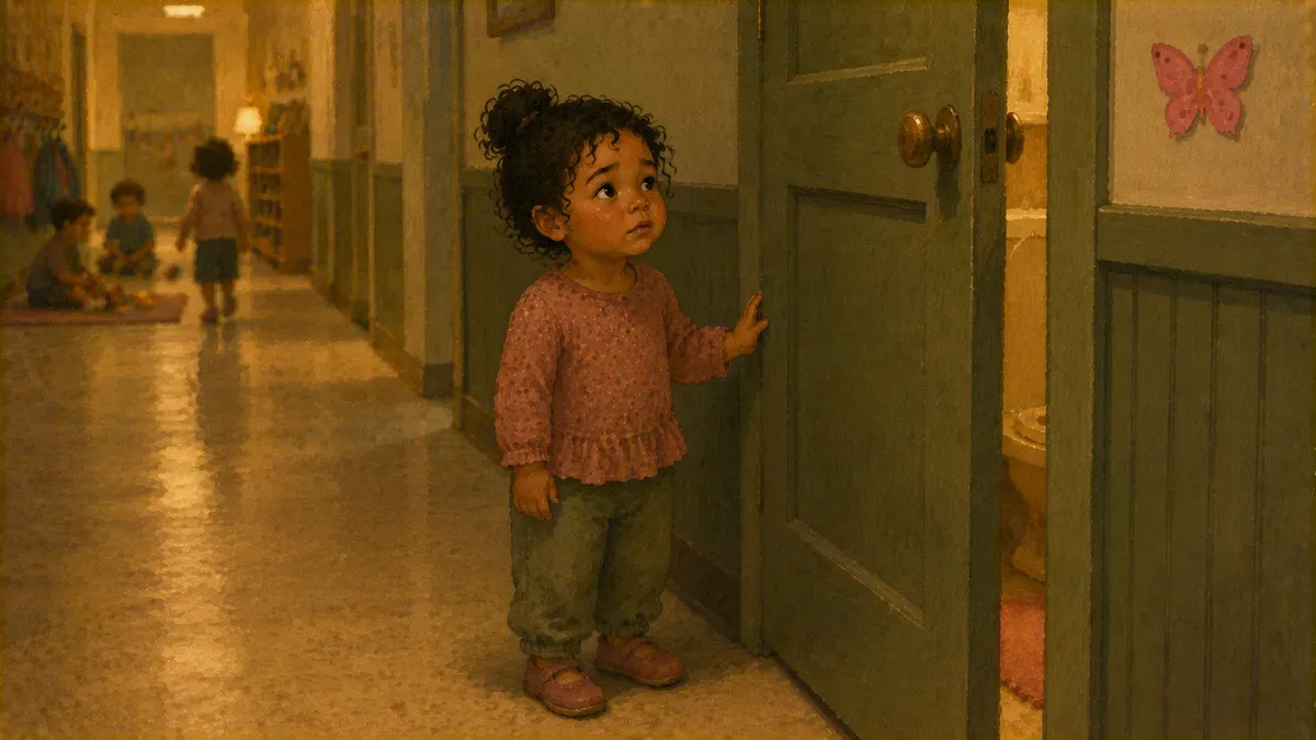 Toddler hesitating outside an unfamiliar daycare bathroom door