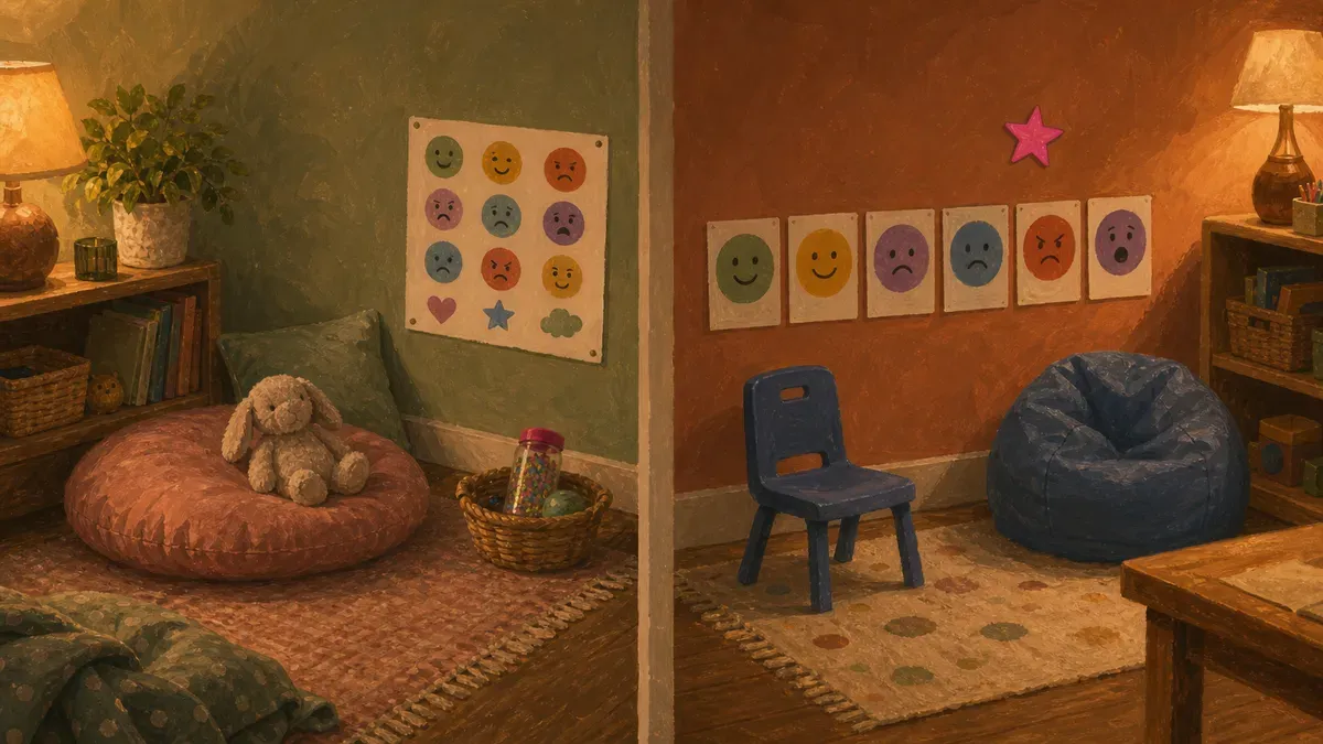 Toddler home calming corner with soft sensory items beside a simple classroom calm-down area with shared visual tools