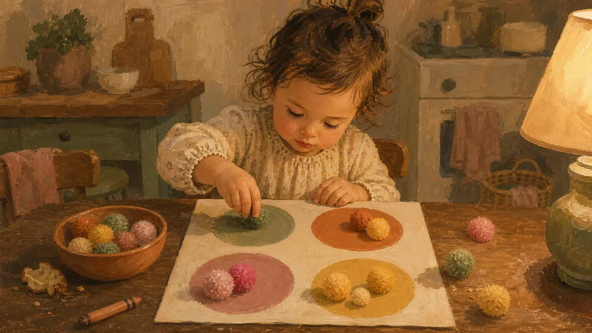 Toddler matching colored pom poms to a printed color mat at a kitchen table