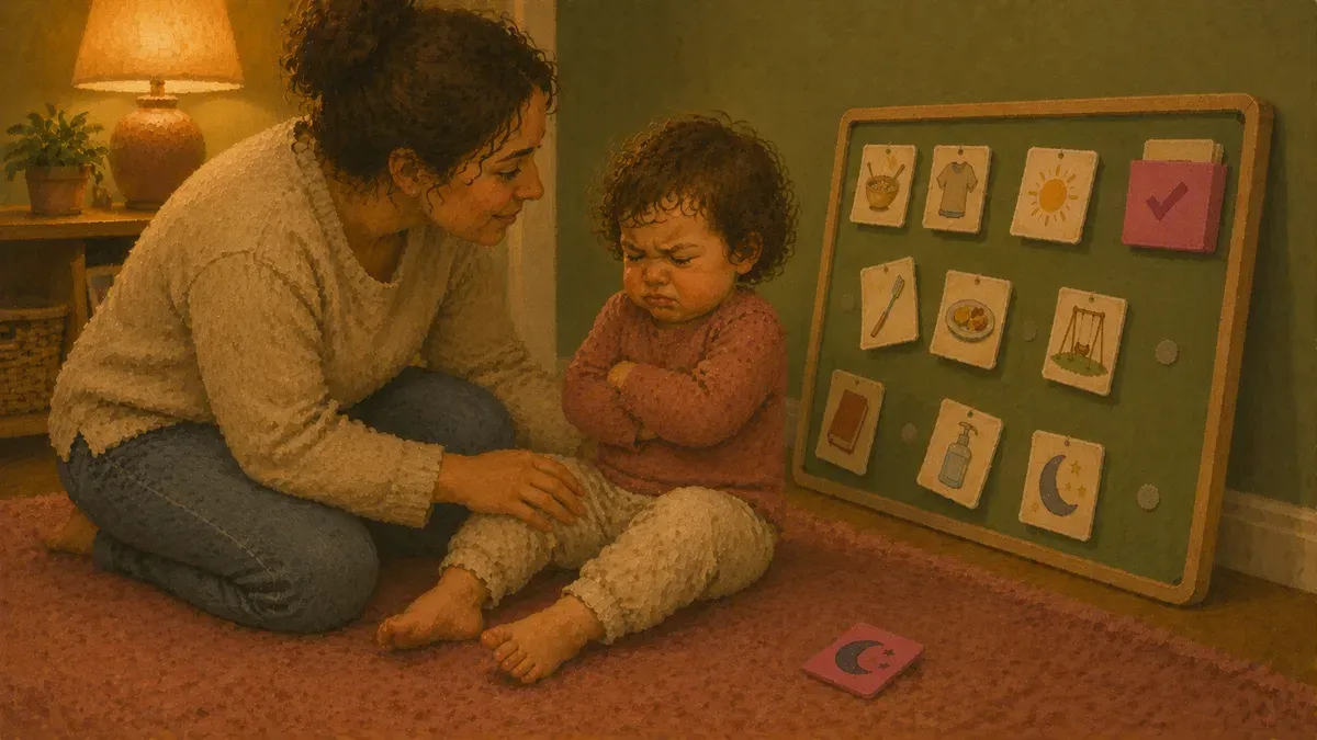 Toddler mid-meltdown beside a routine board, parent kneeling to help