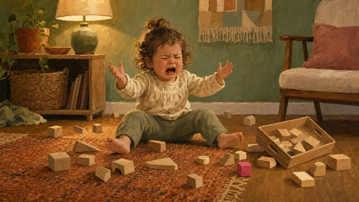 Toddler mid-tantrum with scattered wooden blocks on the floor