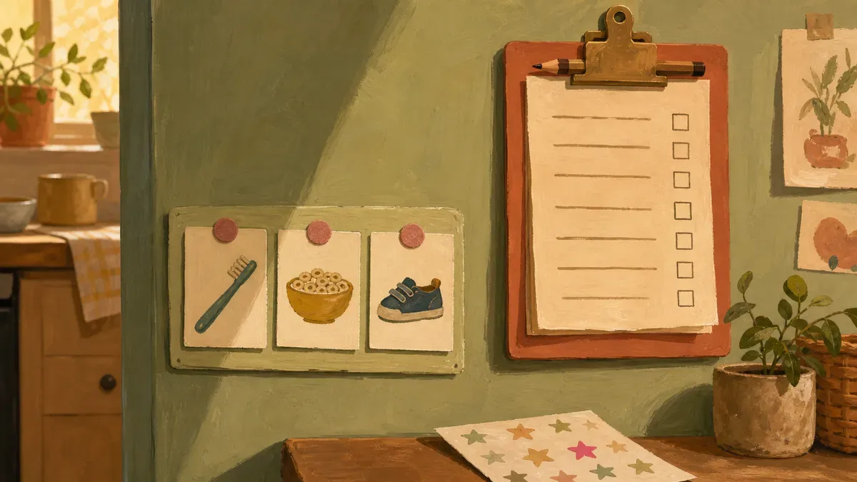 Toddler picture-card chart next to a written checklist for an older child