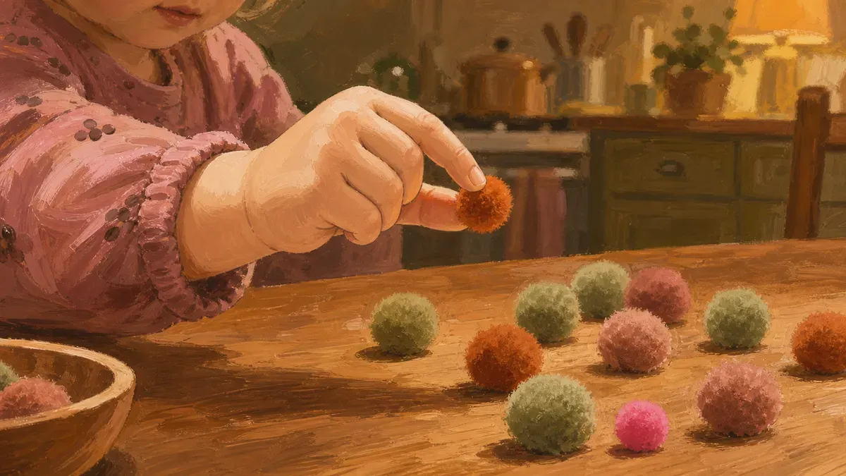 Toddler pinching a colorful pom pom between thumb and finger