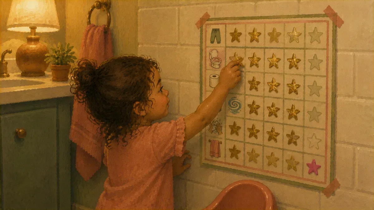 Toddler placing a sticker on a colorful potty training chart taped beside the toilet