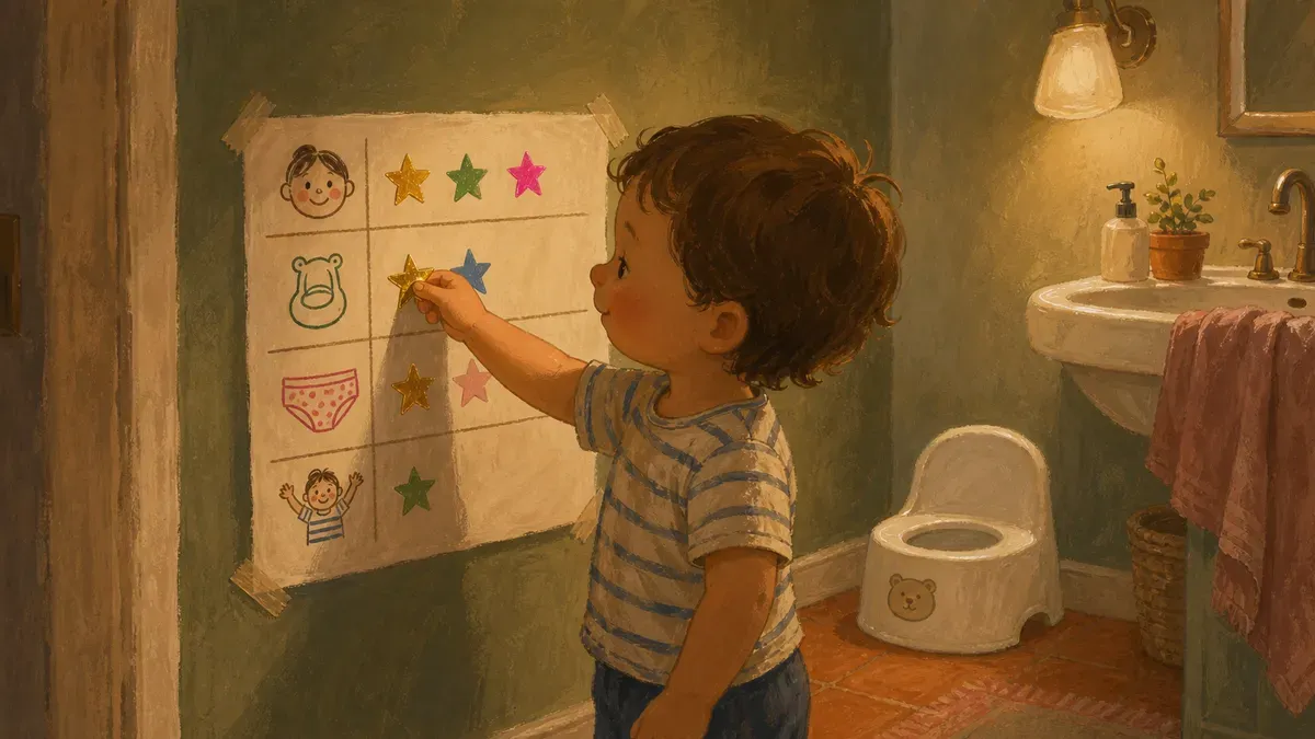 Toddler placing a sticker on a potty training reward chart taped at child eye-level on the bathroom wall