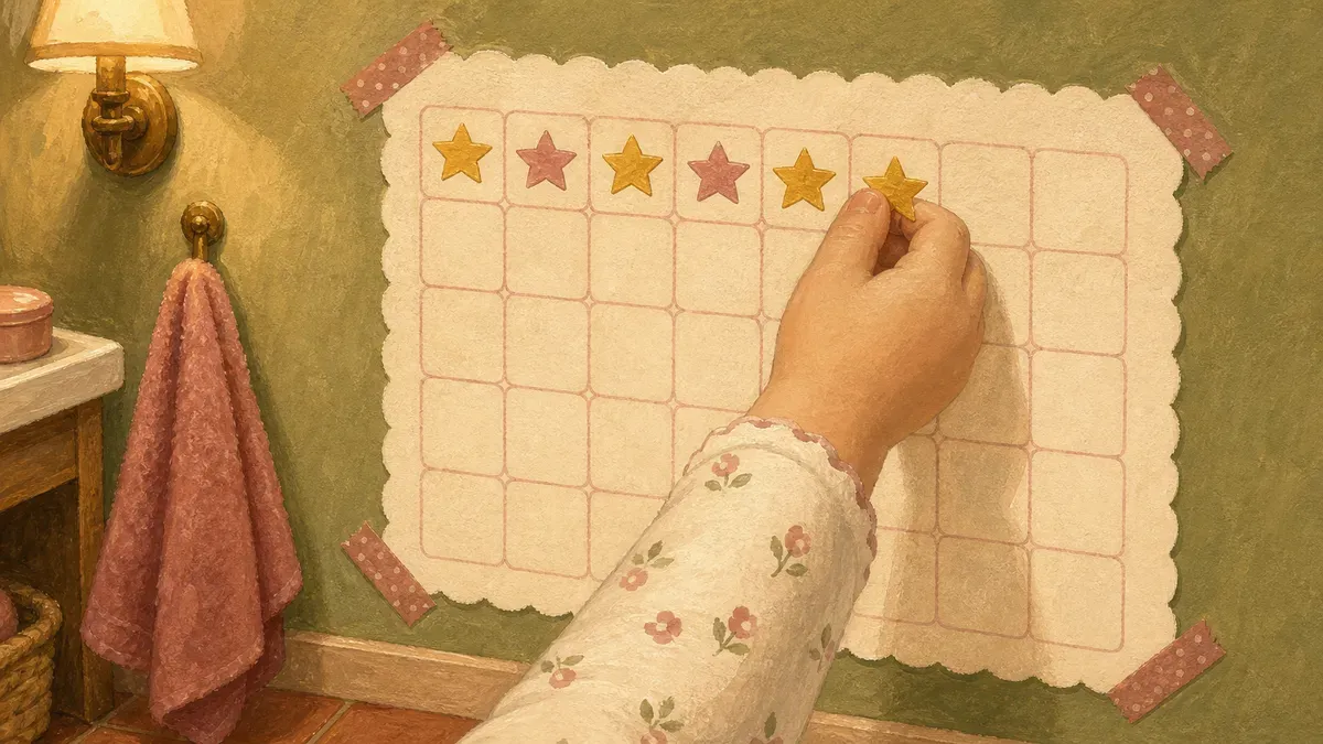 Toddler placing a sticker on a potty training sticker chart taped to the bathroom wall