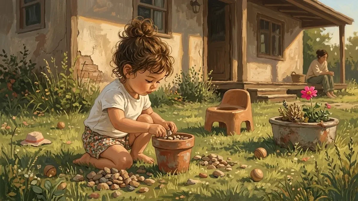 Toddler playing outside bare-bottom in sunshine during summer potty training