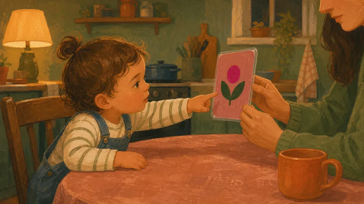 Toddler pointing at a picture card held by a parent at the kitchen table