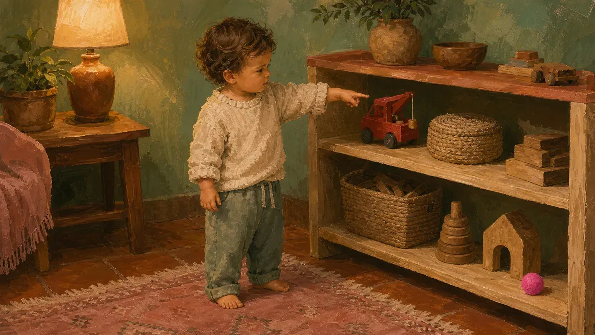 Toddler pointing at a red object during a colour learning game