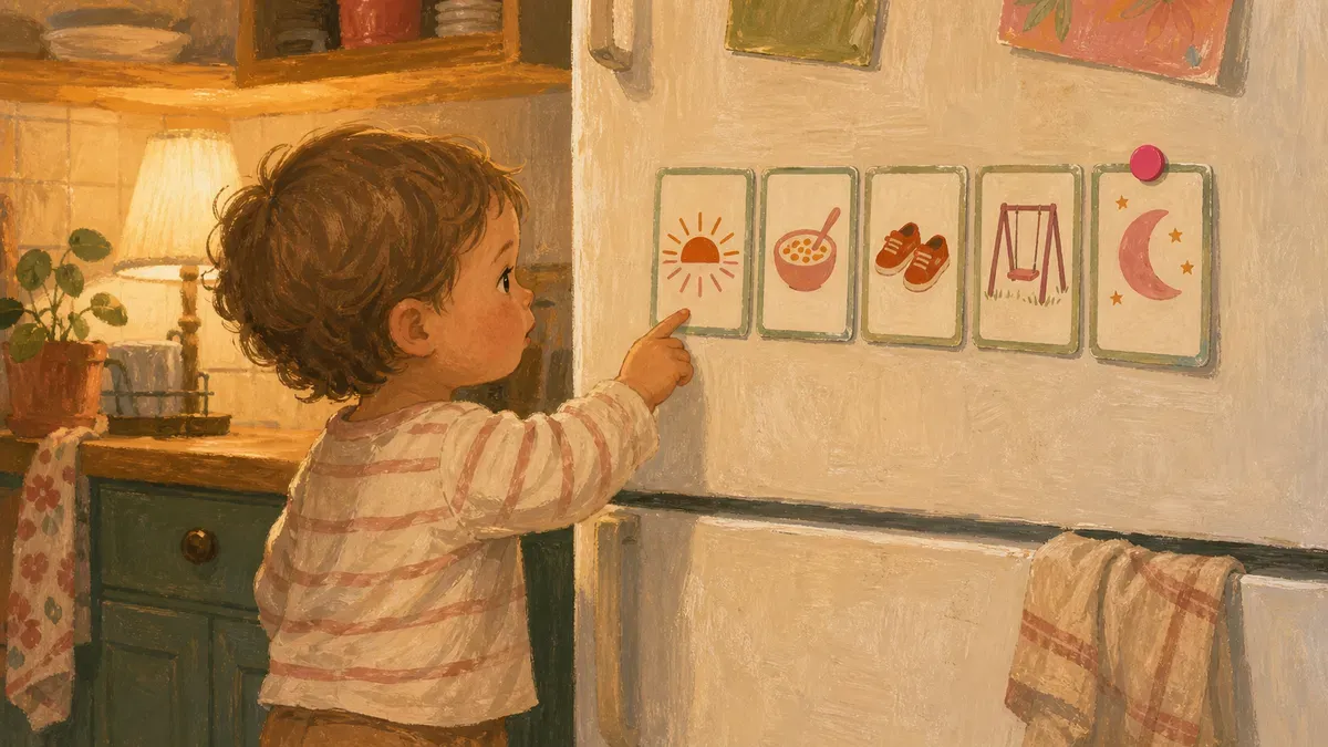 Toddler pointing at a row of laminated picture routine cards on the fridge