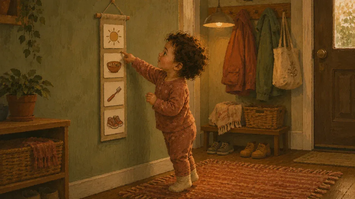 Toddler pointing at a wall-mounted picture schedule with morning routine cards