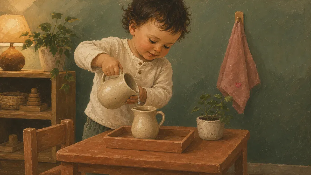 Toddler pouring water between two small pitchers at a child-sized table