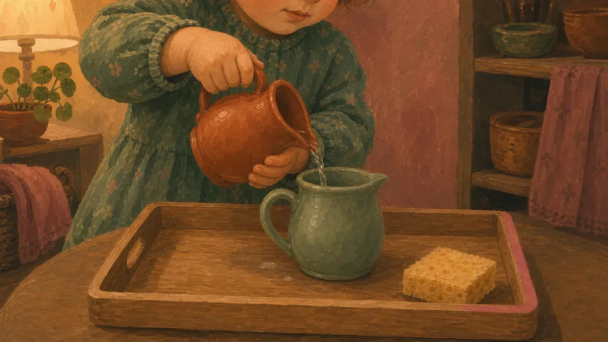 Toddler pouring water between two small pitchers over a tray with a sponge nearby