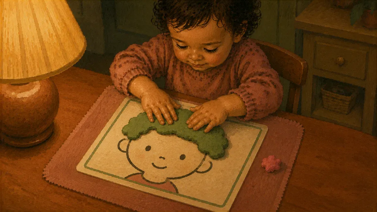 Toddler pressing playdough onto a simple themed playdough mat on a kitchen table