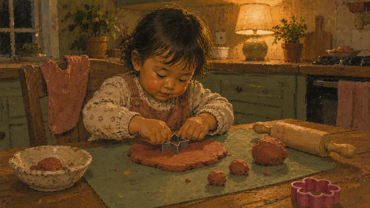 Toddler pressing small cookie cutters and rolling pins into bright-colored play dough on a wooden table, practicing fine motor skills.