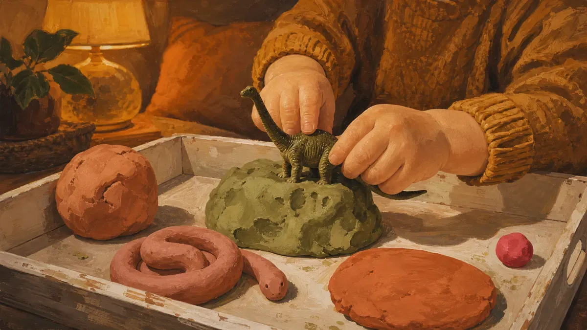 Toddler pressing small dinosaur toy into green playdough on a white wooden tray surrounded by simple playdough creations