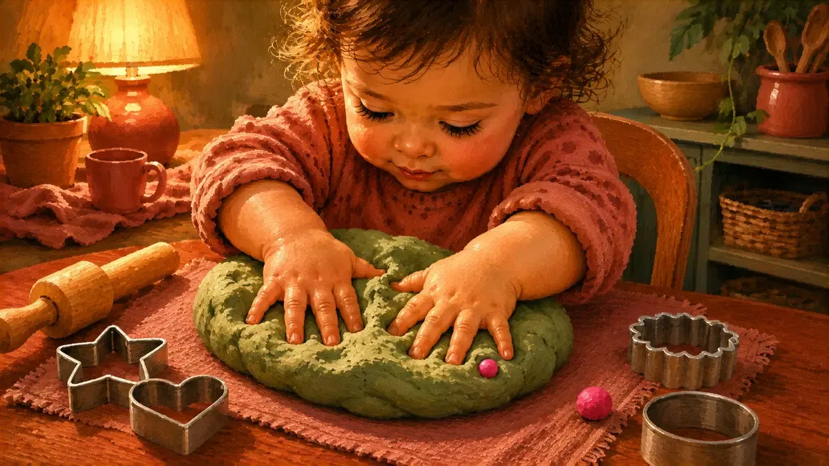 Toddler pressing small hands into a ball of colorful playdough on a wooden table, fingers working the dough into a flat shape.