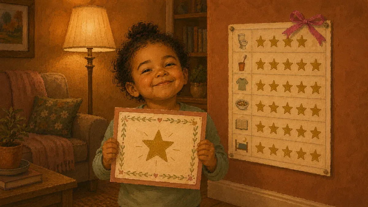Toddler proudly holding a completed potty training certificate