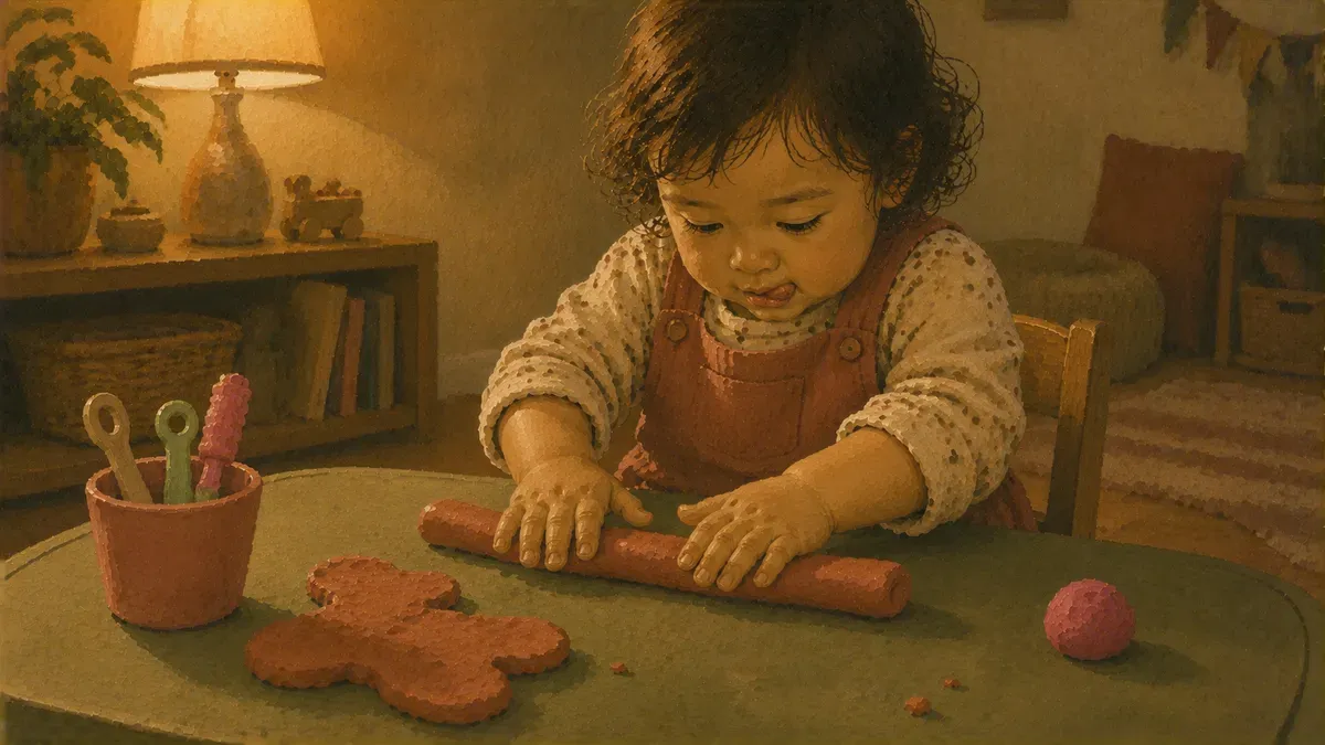 Toddler rolling and shaping colorful playdough into simple forms