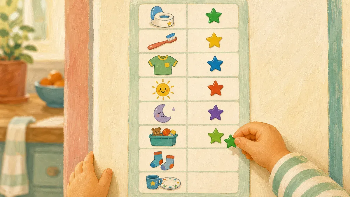 Toddler routine column with picture icons for potty, brushing teeth, and getting dressed