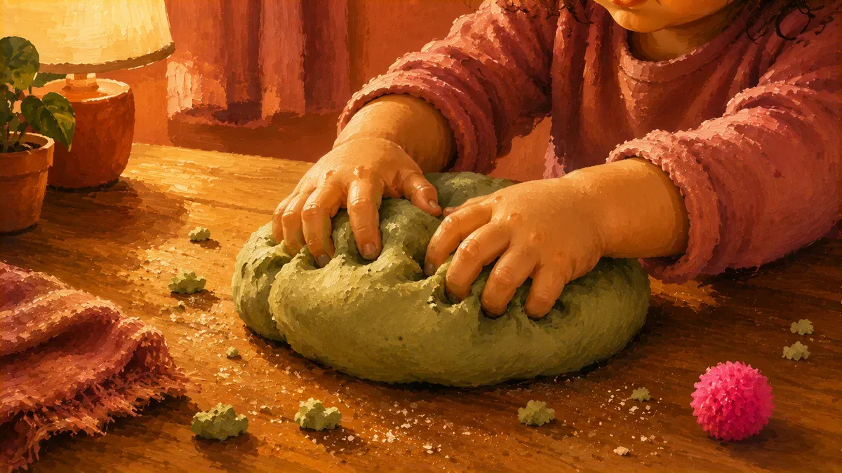 Toddler's hands pressing fingers into a ball of soft dough on a wooden table, a classic fine motor activity for small children.