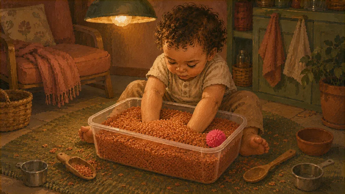 Toddler scooping colored rice from a clear plastic sensory bin on a kitchen floor, surrounded by small cups and spoons.
