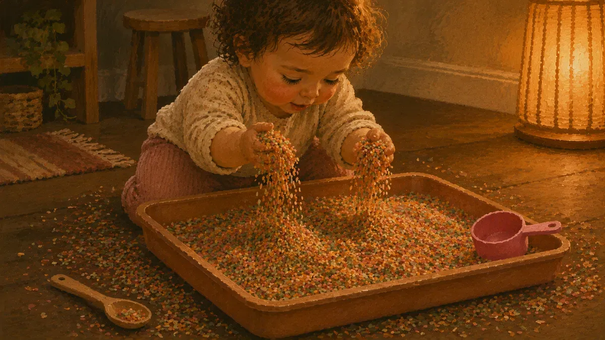 Toddler scooping rainbow rice from a shallow sensory bin with both hands