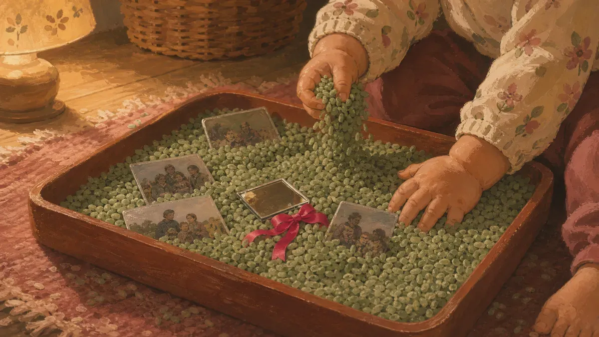 Toddler scooping rice in an all about me sensory bin with family photos and mirror pieces