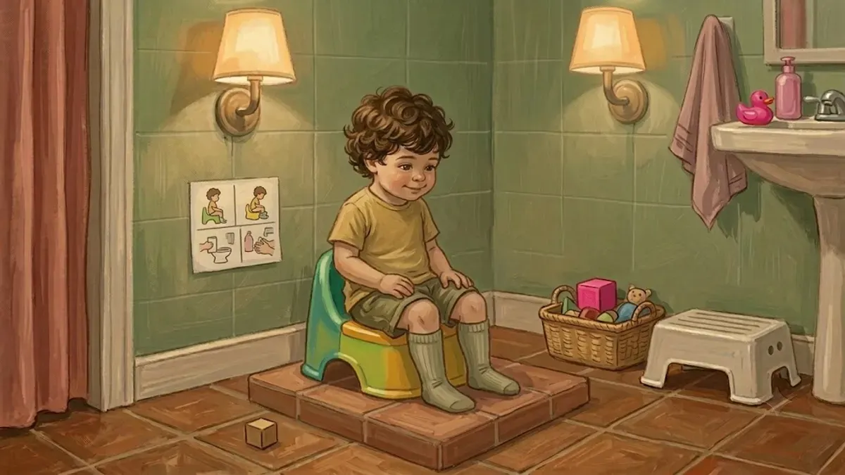 Toddler sitting on a colorful potty seat in a cheerful bathroom with a simple visual schedule taped to the wall at child height.