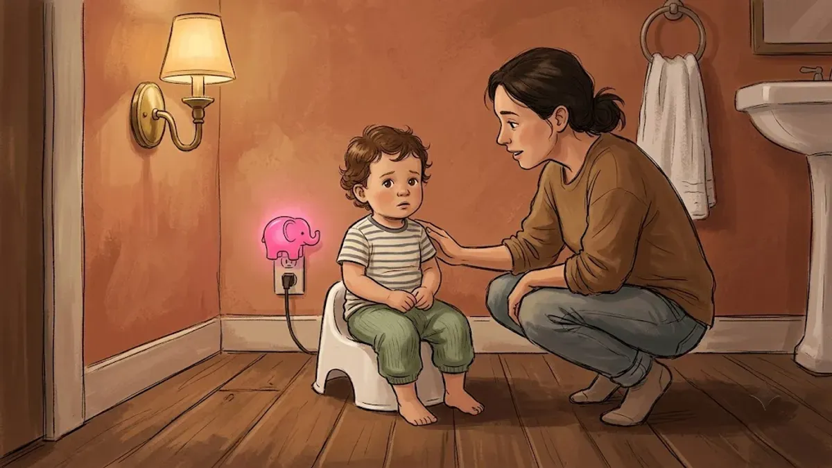 Toddler sitting on a potty looking hesitant while a parent kneels beside reassuring them